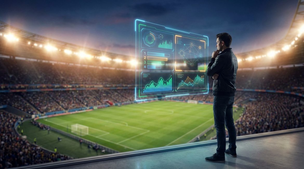 Jeune homme consultant des données sportives holographiques, avec graphiques et classements, devant un stade de football illuminé et rempli.