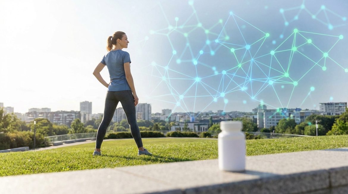 Femme en tenue de sport devant un réseau numérique lumineux, un flacon de pilules flou au premier plan, fond urbain.