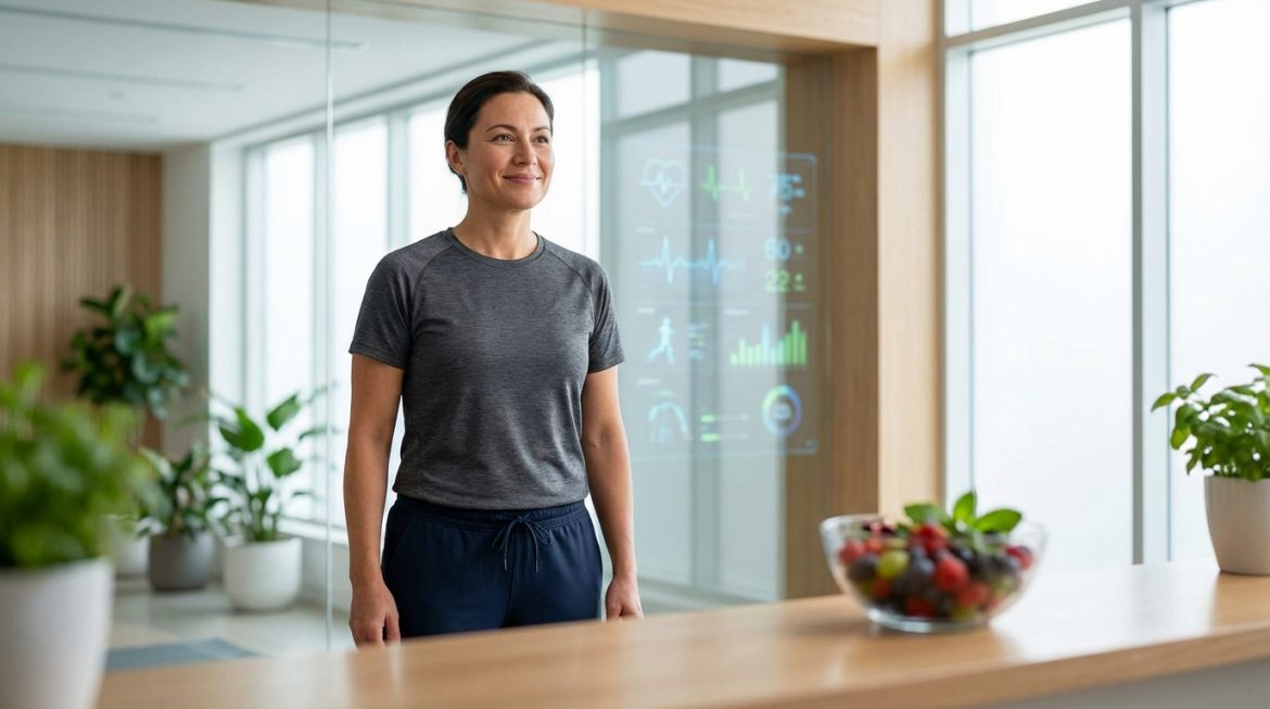 Une femme souriante en tenue de sport devant un écran holographique affichant des données de santé vitales, avec un bol de fruits.