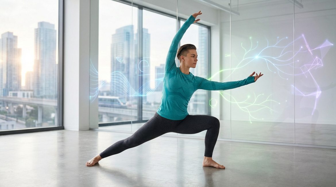 Une personne en tenue de sport exécute une pose méditative dans un espace moderne, des flux d'énergie numériques l'entourent. Ville en arrière-plan.