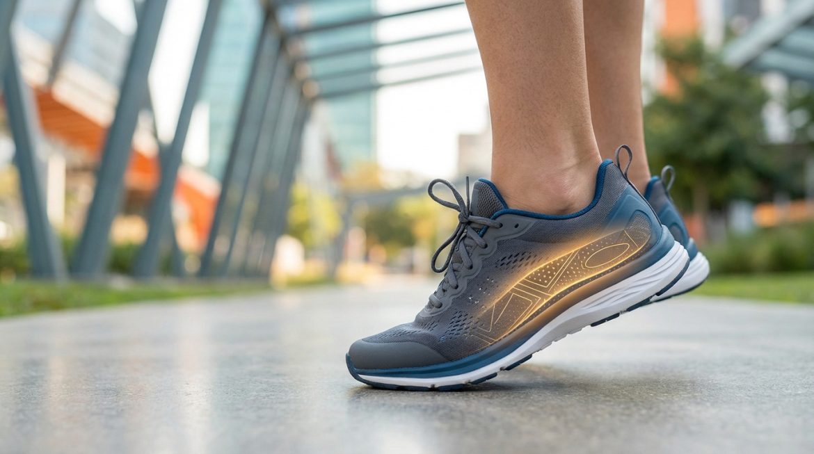 Gros plan sur une personne en chaussures de sport grises avec une semelle lumineuse, marchant dans un environnement urbain.