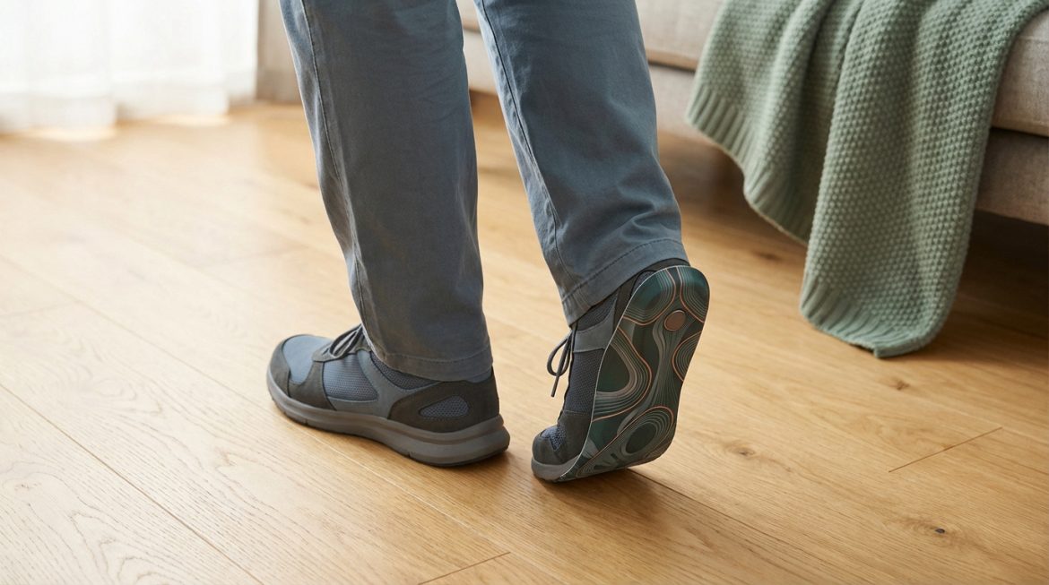 Pieds d'une personne en baskets grises marchant sur un parquet. La semelle texturée d'une chaussure est visible. Couverture sur canapé.