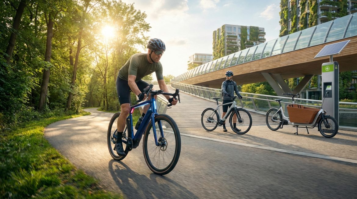 Plusieurs vélos (performance, urbain, cargo) sur une piste cyclable moderne, avec bâtiments végétalisés et borne de recharge solaire.