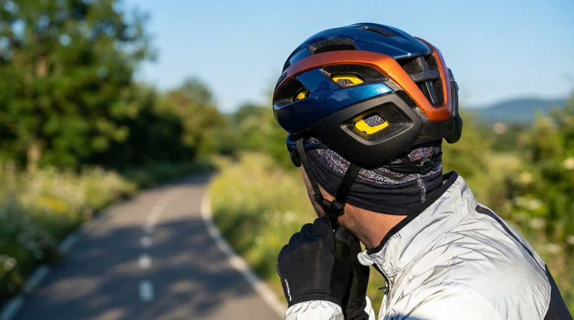 Un cycliste de dos, portant un casque multicolore (bleu, orange, noir, jaune), ajustant sa jugulaire sur une route de campagne.