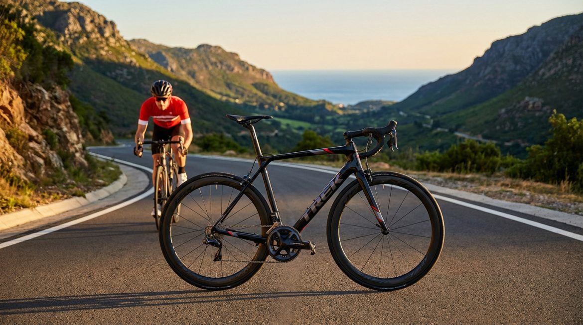 Un vélo de route noir de marque Trek est stationné sur une route de montagne ensoleillée. Un cycliste monte la côte, la mer à l'horizon.