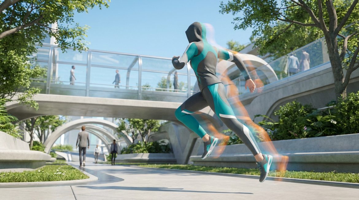 Une personne court rapidement dans un parc urbain futuriste verdoyant. Traînées lumineuses symbolisent la vitesse et l'énergie.