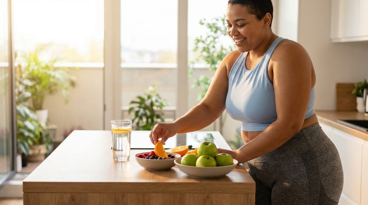 Femme souriante en tenue de sport saisissant une orange d'un bol de fruits variés, avec des pommes et un verre d'eau.