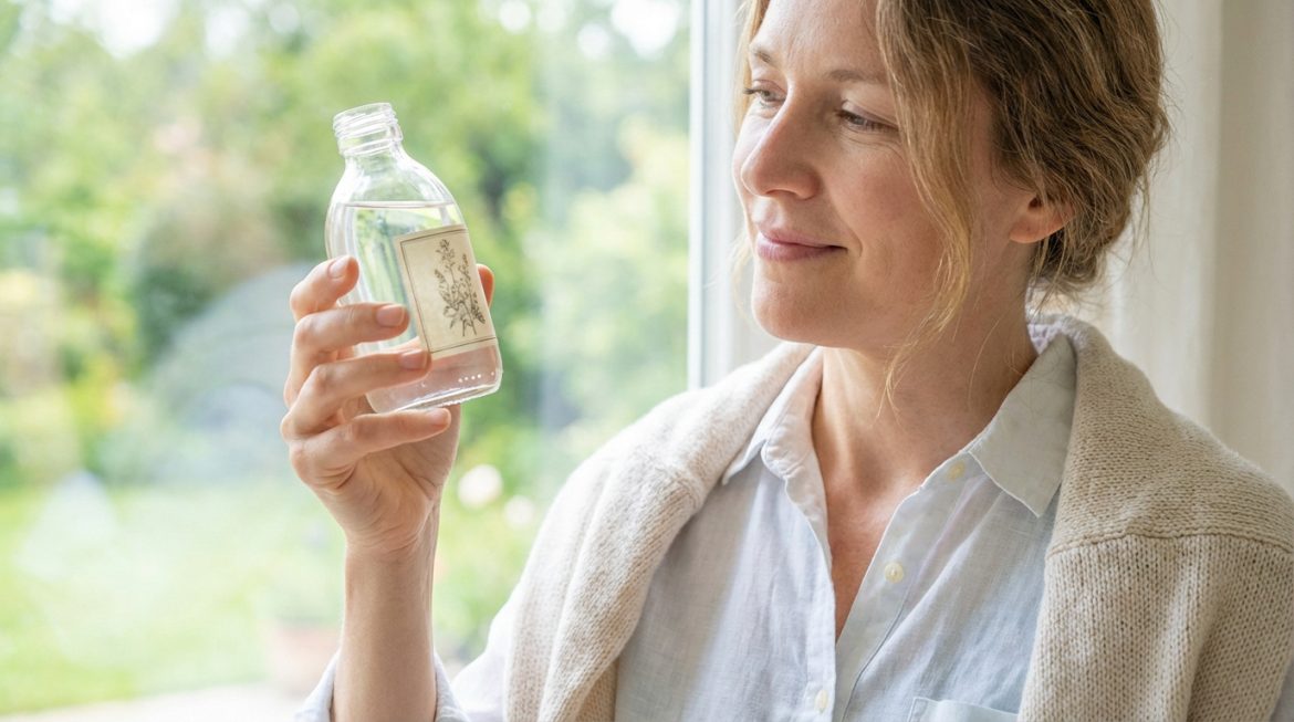 Une femme souriante observe attentivement une petite bouteille en verre avec une étiquette botanique, devant une fenêtre lumineuse.