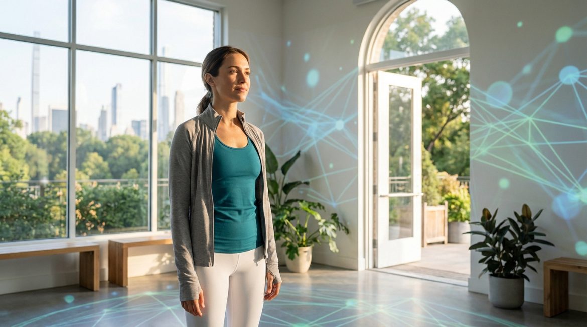 Femme sereine en tenue de sport dans une pièce lumineuse avec vue sur ville, des projections numériques l'entourent, évoquant santé et innovation.