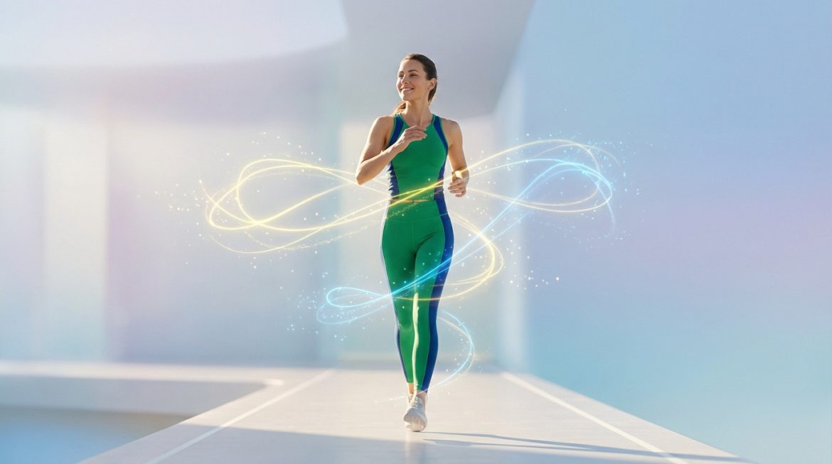 Femme souriante en tenue de sport courant, des traînées lumineuses symbolisent l'énergie métabolique et la perte de poids.
