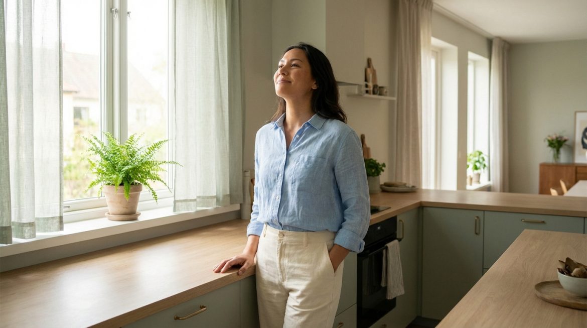 Femme sereine en chemise bleue et pantalon clair, regardant par la fenêtre lumineuse d'une cuisine moderne avec une plante.