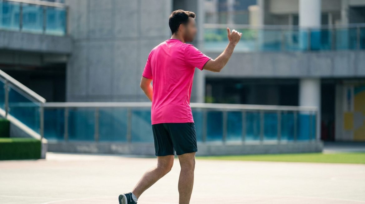 Un homme en maillot de sport rose vif et short foncé donne un pouce levé dans un environnement urbain moderne.
