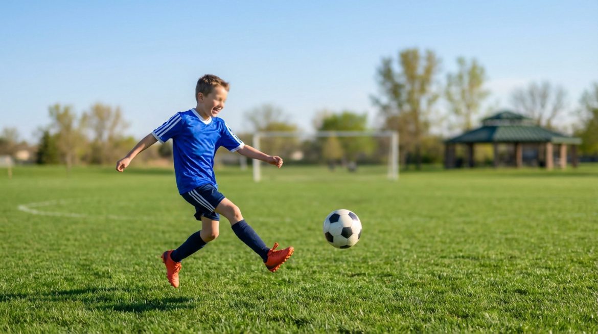 Un jeune garçon souriant en maillot de foot bleu frappe un ballon sur un terrain vert par une journée ensoleillée.