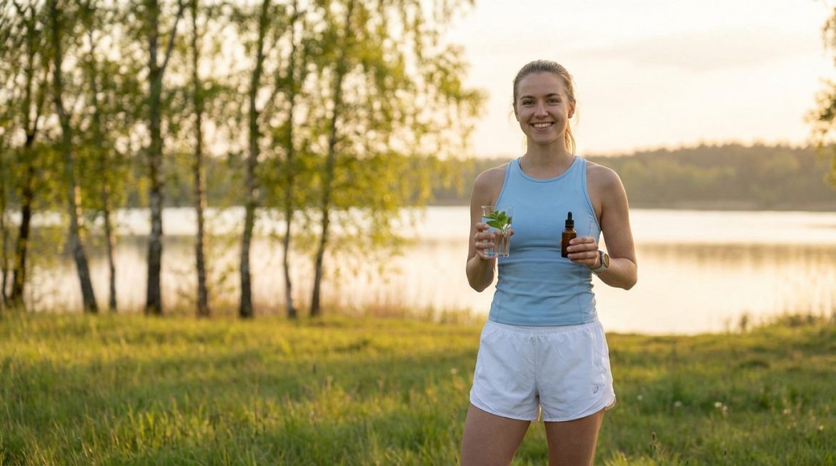 Jeune femme souriante tenant un verre d'eau mentholée et un flacon compte-gouttes, devant un lac au coucher du soleil.