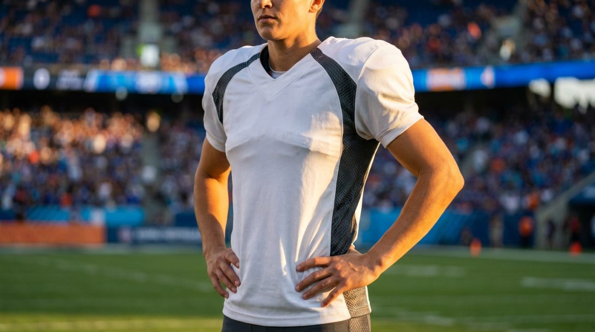 Gros plan sur un athlète en maillot de sport blanc et gris, mains sur les hanches, sur un terrain. Foule floue en arrière-plan.