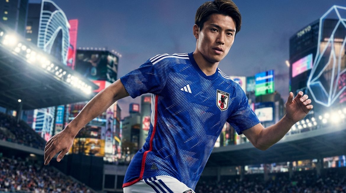 Joueur de football japonais en nouveau maillot domicile Adidas bleu 2026 avec motif unique, devant un stade et ville moderne illuminée.