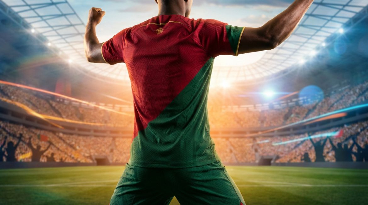Dos d'un joueur de foot portugais en maillot rouge et vert, les bras levés, célébrant dans un stade rempli.