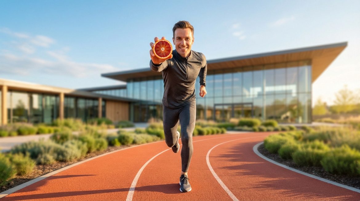 Un sportif souriant en plein jogging sur une piste rouge, présentant une demi-orange sanguine. Bâtiment moderne derrière lui.