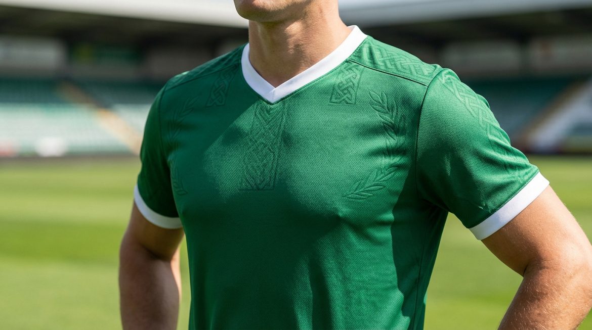 Gros plan sur le nouveau maillot Adidas Algérie 2026 vert, avec col en V blanc et motifs en relief.