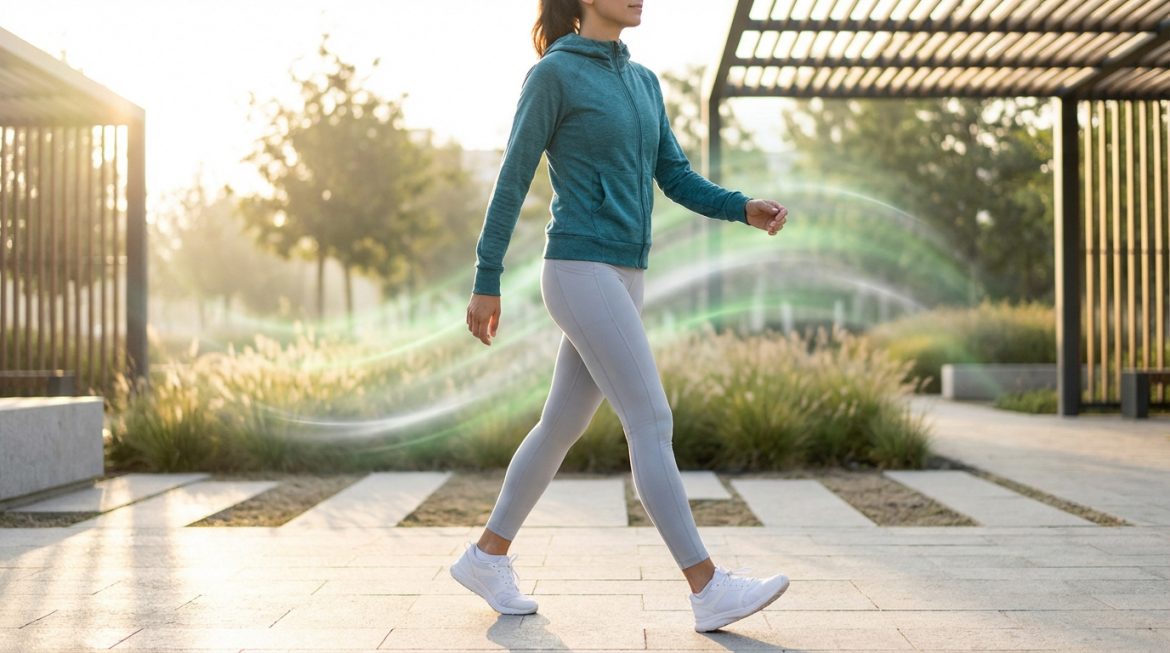Femme en tenue de sport marche sur un chemin extérieur ensoleillé, entourée de lignes d'énergie vertes. Représente l'activité physique.