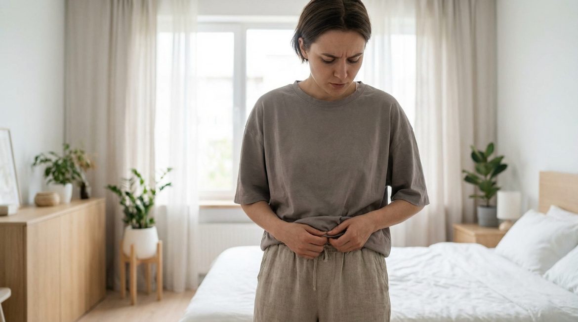 Une femme au visage inquiet tient l'élastique de son pantalon devenu trop grand dans une chambre lumineuse, évoquant une perte de poids.