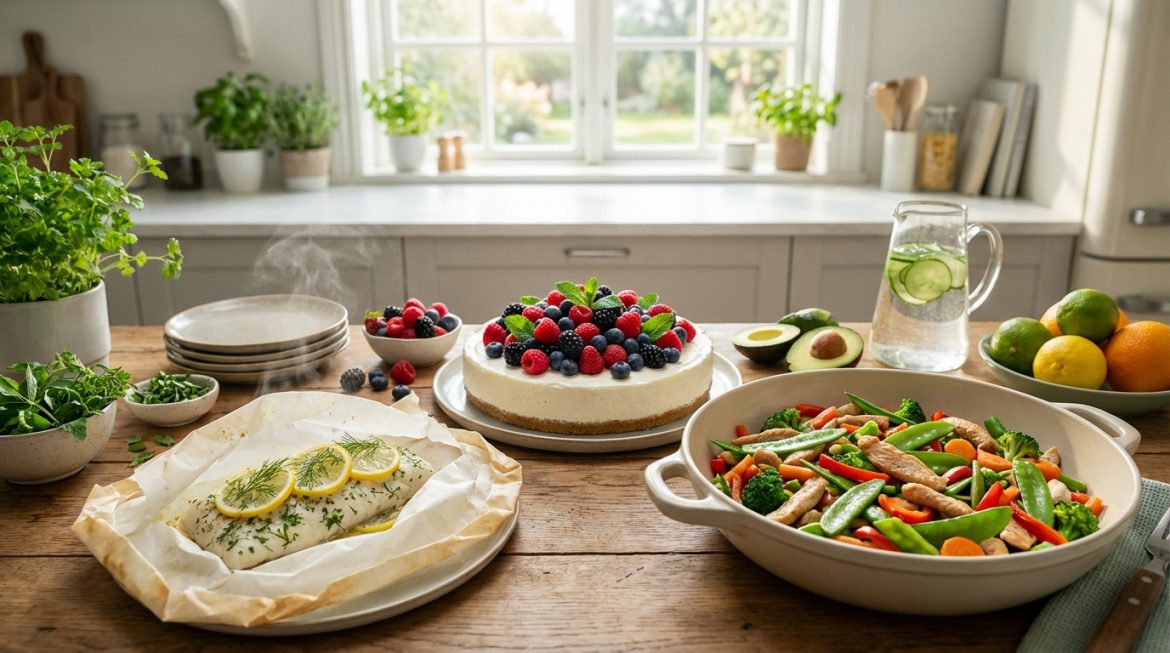 Table de cuisine lumineuse avec un poisson vapeur, des légumes et poulet sautés, un cheesecake aux baies, eau infusée et fruits frais.