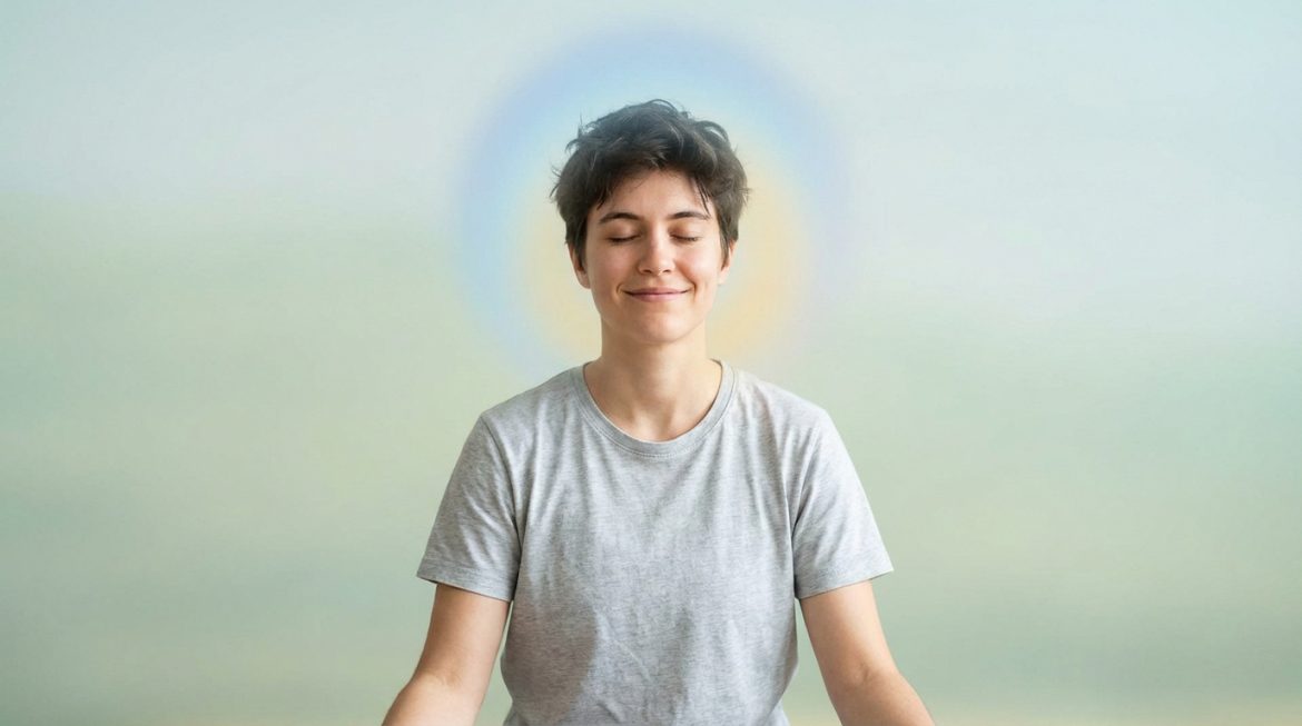 Personne aux yeux clos et sourire paisible, méditant avec une aura lumineuse douce sur fond clair dégradé.