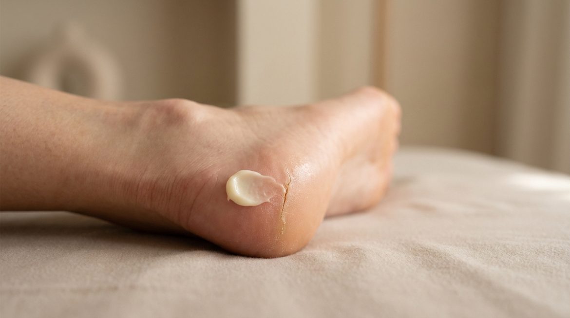 Gros plan d'un talon humain avec une crevasse, sur lequel une noisette de crème hydratante est appliquée.