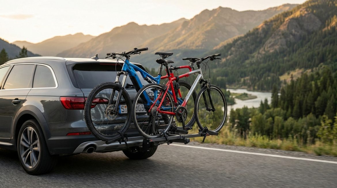 SUV gris transportant trois vélos (VTT, route, hybride) sur un porte-vélos d'attelage, en route vers des montagnes.