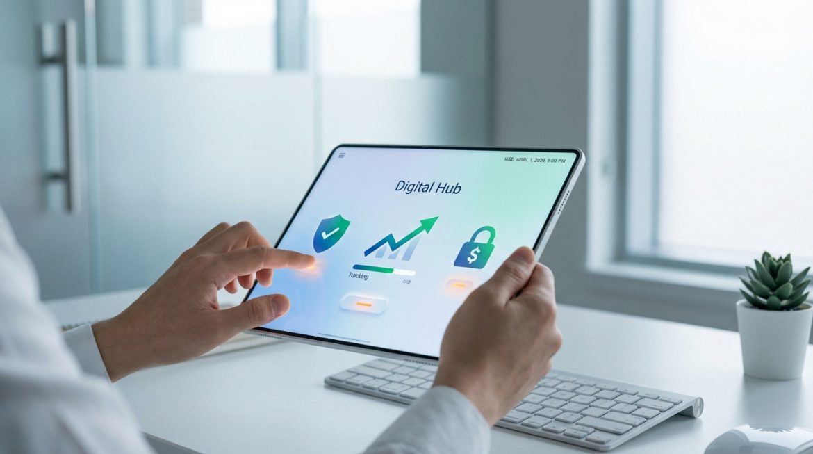 Mains sur tablette affichant un "Digital Hub" pour gestion de compte sécurisée avec icônes de suivi et finance, en 2026.