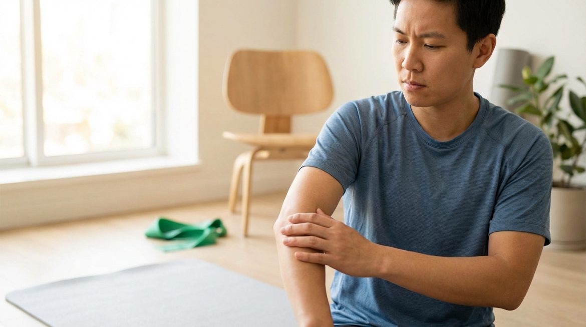 Homme asiatique en t-shirt bleu, l'air soucieux, se tient le coude gauche. Un tapis de yoga et une bande de résistance sont au sol.